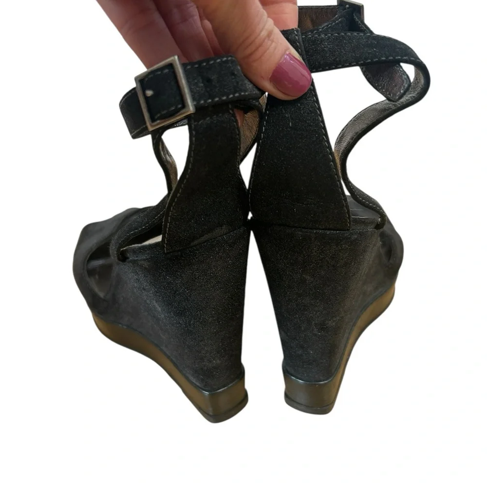 Casadei Black Shimmery Suede Platform Wedges size 10 - Picture 7 of 8